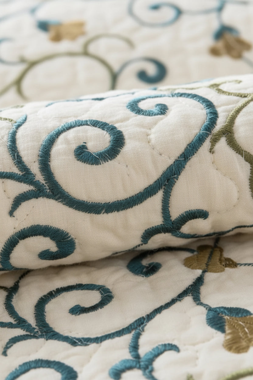 Detail of embroidered floral vine pattern on cotton bed cover