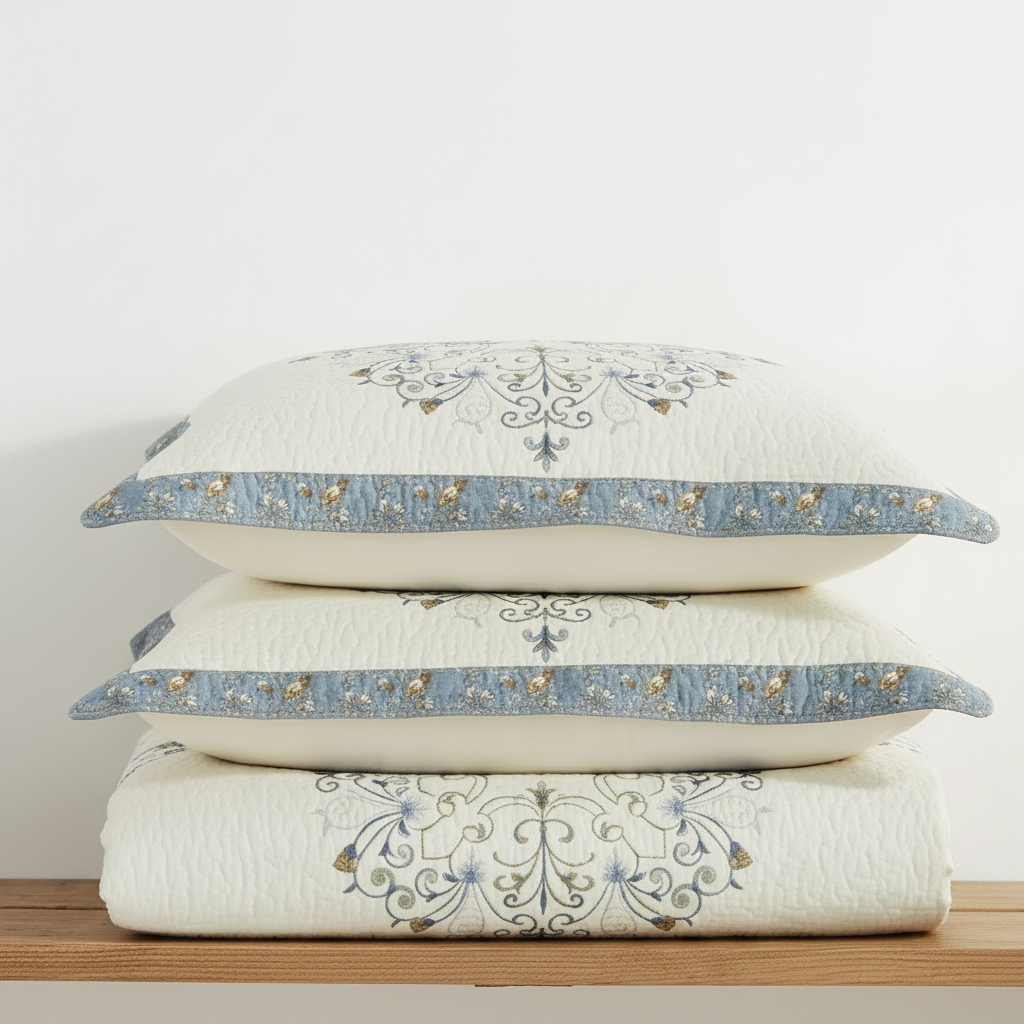 Embroidered pure cotton bed cover with matching quilted pillow shams, folded stack