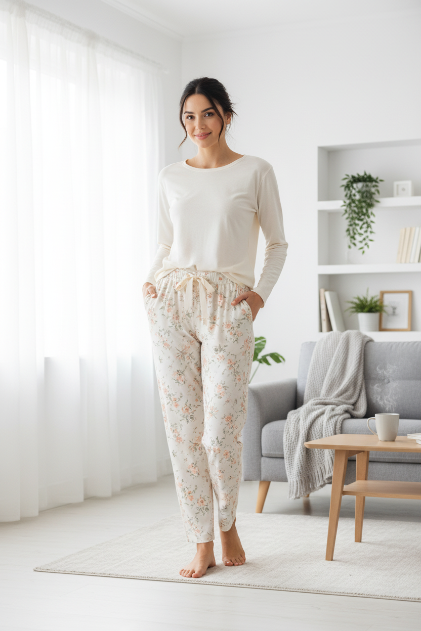 Floral Cotton High Waist Pants