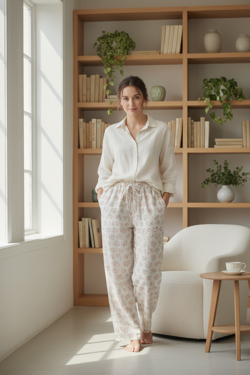 Floral Cotton High Waist Pants
